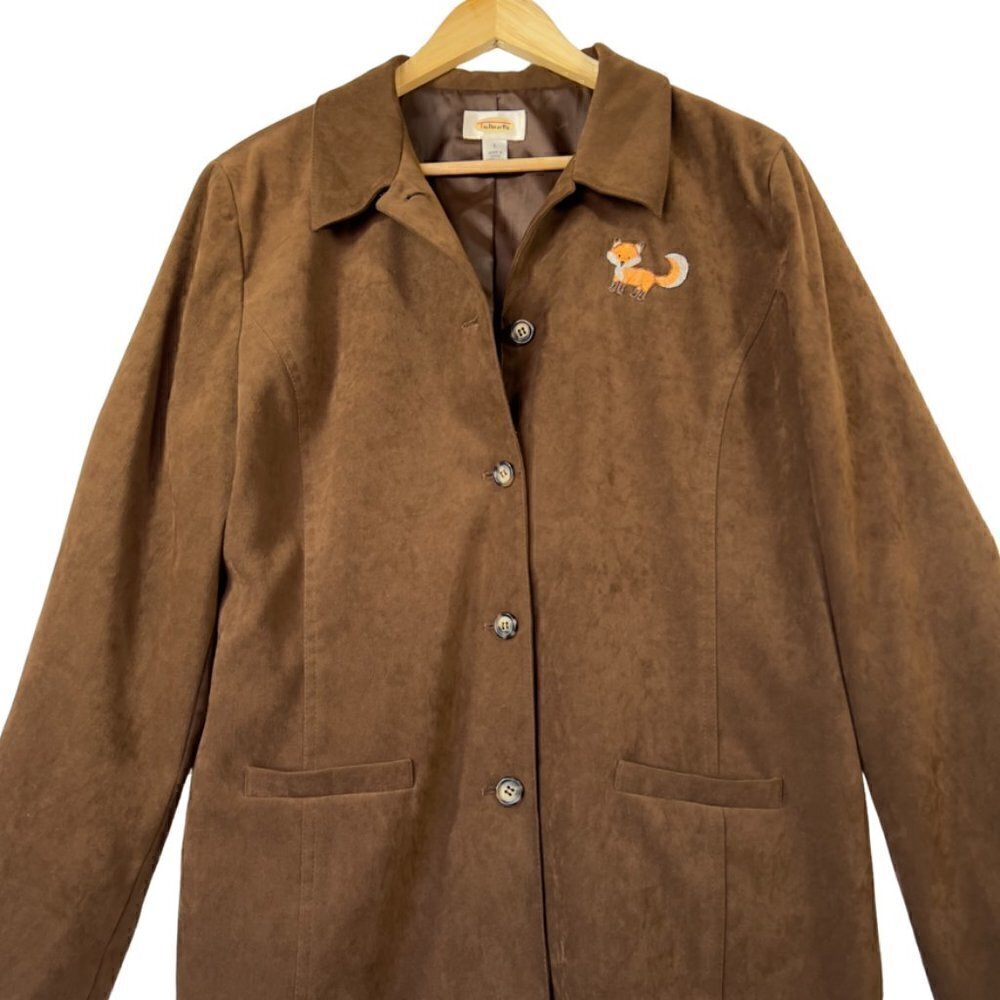 Talbots Blazer Jacket Womens Size Large Brown Suede Adorable Fox Patch Fall Wear - Picture 2 of 16